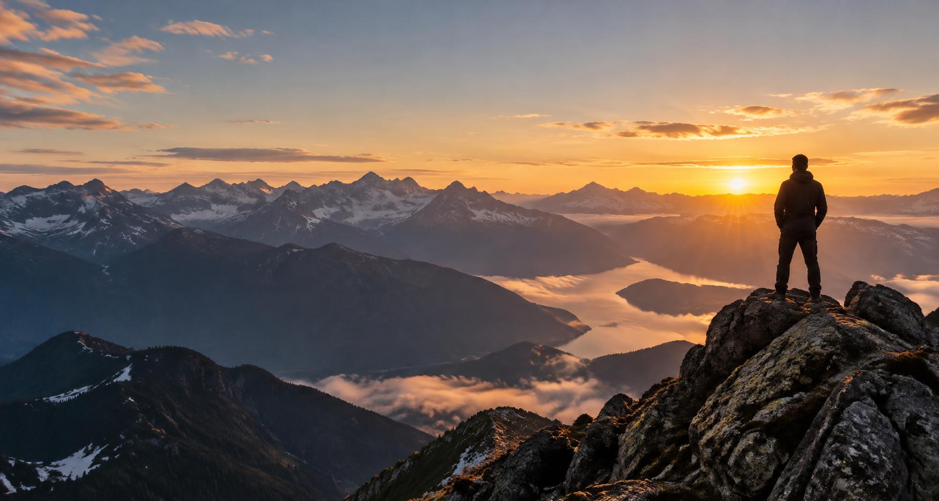 A lone figure looking across mountain summits at sunrise